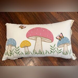 Stupell Industries Groovy Mushrooms Butterfly Lumbar Pillow W/ Crochet Lace EUC